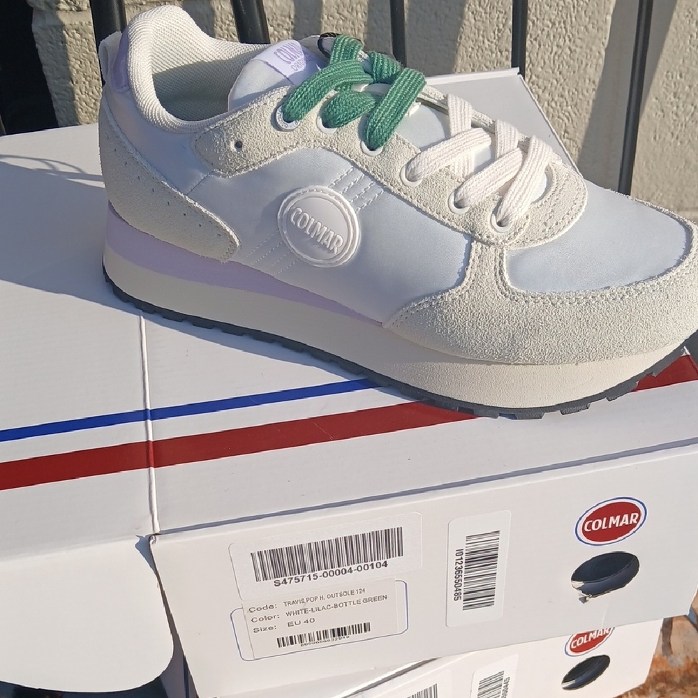 COLMAR Kids White Lilac Sneakers with Green Laces